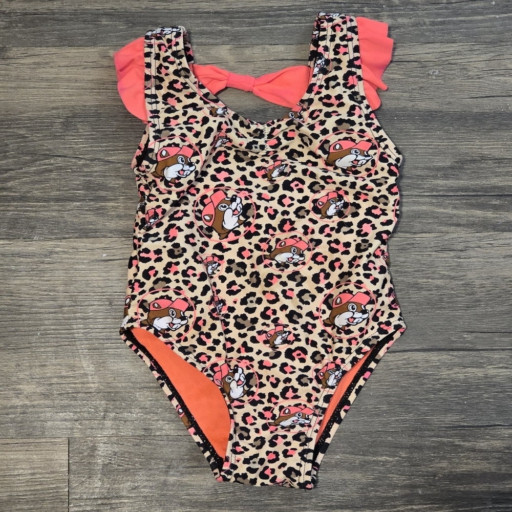 Buc-ee’s Baby Girl Swimsuit 6–9M Leopard Print Pink Bow One Piece